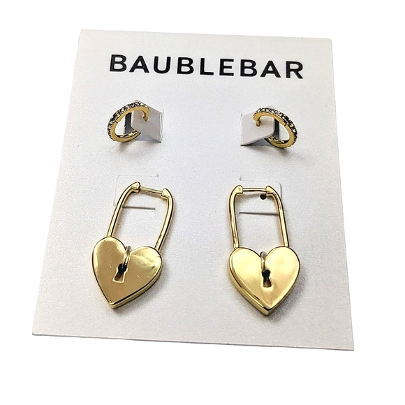 BaubleBar Jewelry - BaubleBar Natasha Earring Set Huggie Faux Pave Mini Hoops Keyhole Heart Locks
